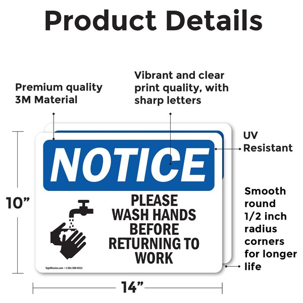 Please Wash Hands Before Returning To Work OSHA Notice Sign, Vinyl Decal, 14in W X 10in L, 2PK